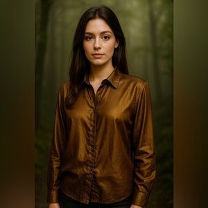 Vintage Y2K Express Bronze Metallic Satin Blouse L (13/14) – Retro Fairy Forest